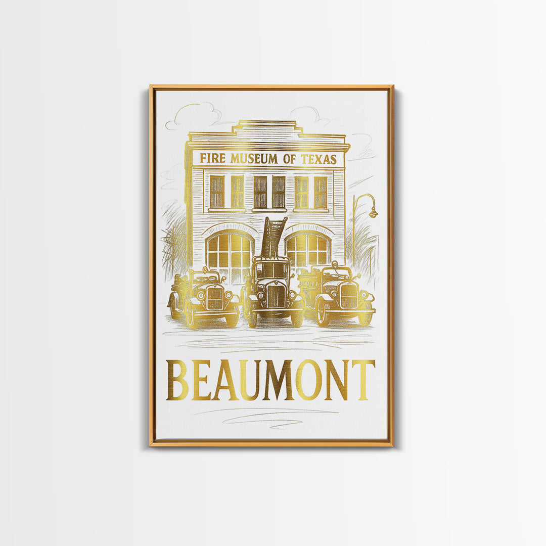 Beaumont Travel Poster, Framed Canvas Print, Gold Line Drawing Wall Art, Beaumont City Art, Home Office Decor, City Travel Prints
