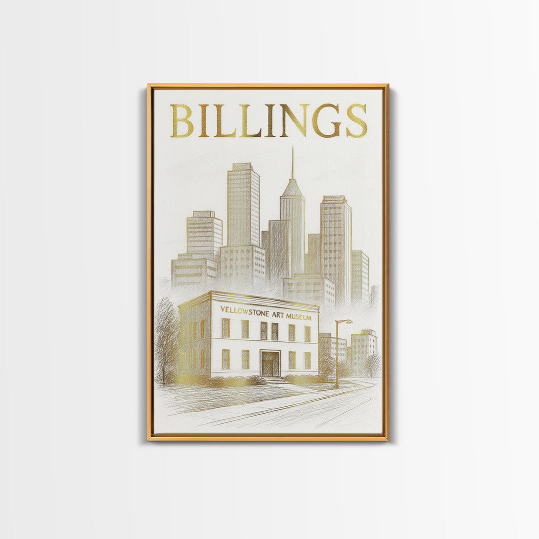 Billings Montana Travel Poster, Framed Canvas Print, Gold Line Drawing Wall Art, Billings Art Print, Travel Wall Art, Travel Wall Decor