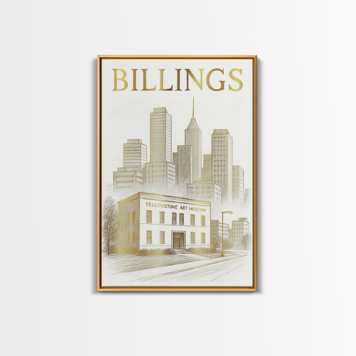 Billings Montana Travel Poster, Framed Canvas Print, Gold Line Drawing Wall Art, Billings Art Print, Travel Wall Art, Travel Wall Decor