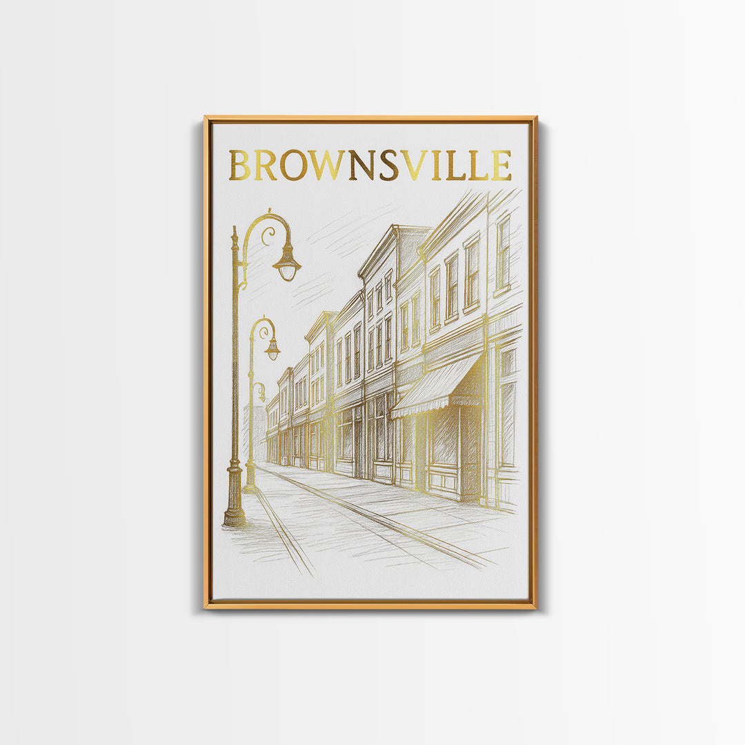 Brownsville Texas Travel Poster, Canvas Print, Gold Line Drawing Wall Art, Brownsville Wall Art, Eclectic Wall Decor, City Art Print