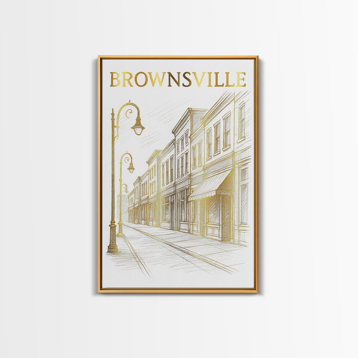 Brownsville Texas Travel Poster, Canvas Print, Gold Line Drawing Wall Art, Brownsville Wall Art, Eclectic Wall Decor, City Art Print