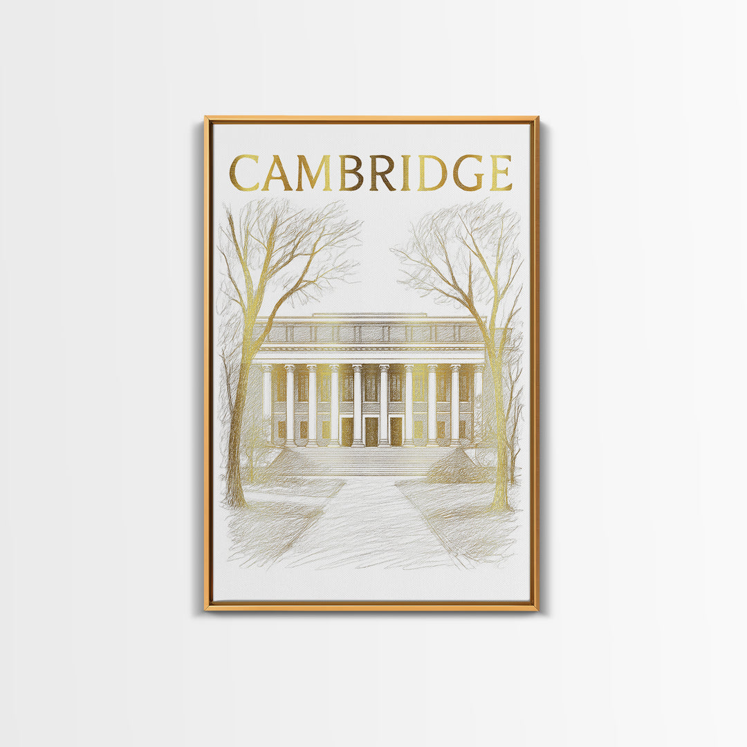 Cambridge Massachusetts Travel Poster, Canvas Print, Gold Line Drawing Wall Art, Cambridge City Art, Travel Art Print, Vintage City Art