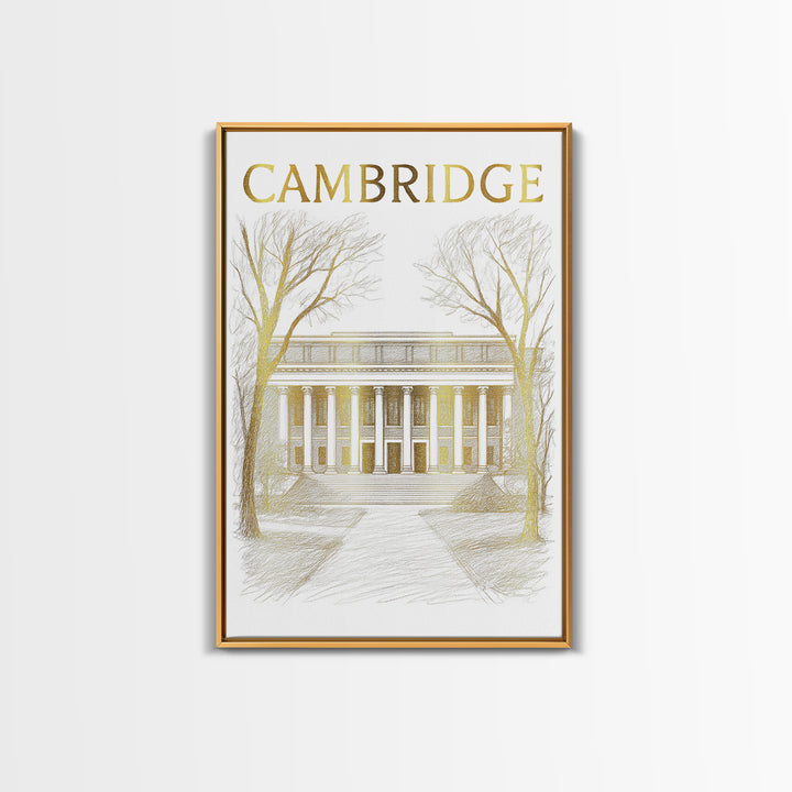 Cambridge Massachusetts Travel Poster, Canvas Print, Gold Line Drawing Wall Art, Cambridge City Art, Travel Art Print, Vintage City Art