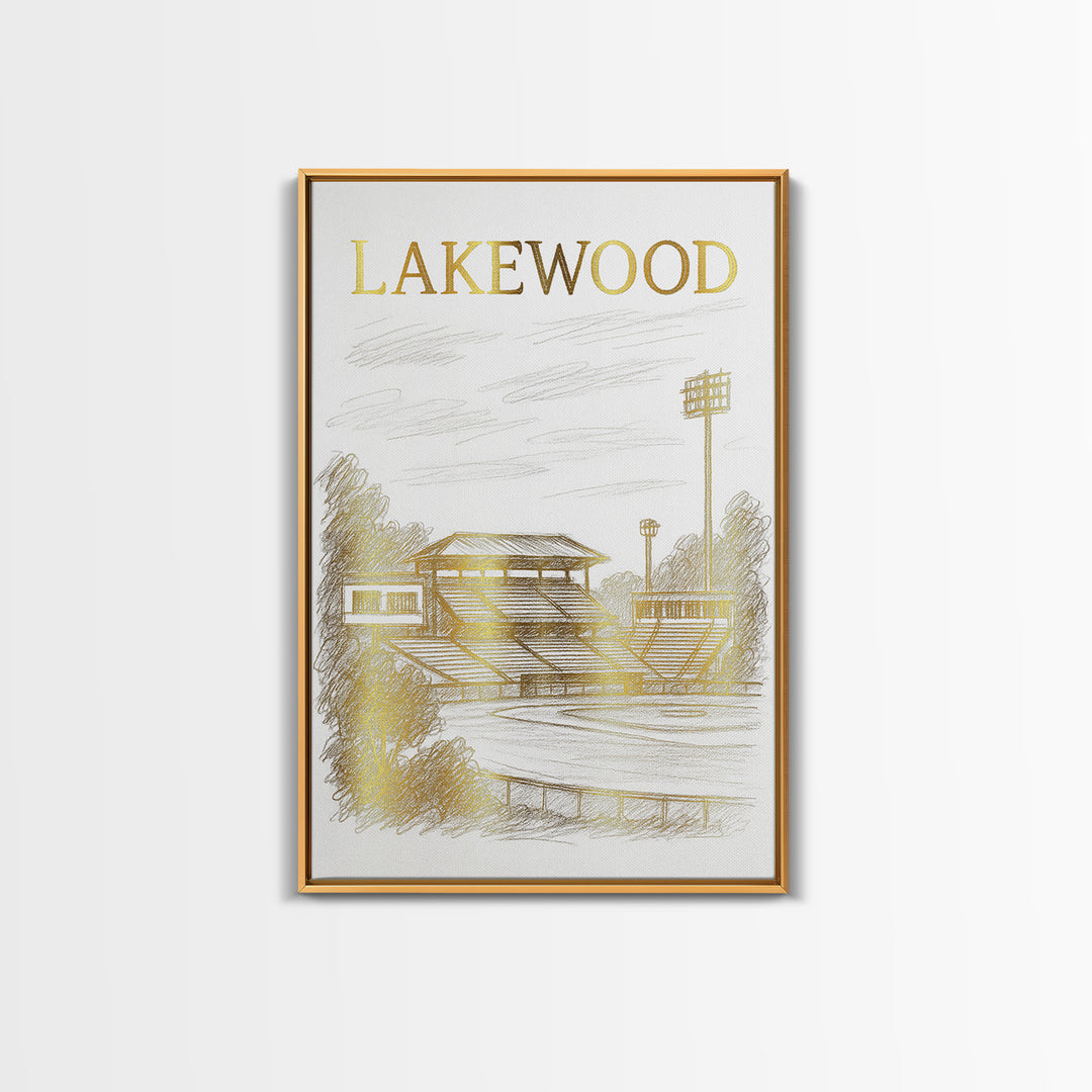 Lakewood Travel Poster, Framed Canvas Print, White And Gold Sketch Art, Lakewood Wall Art, Home Office Decor, Mid Century Wall Art
