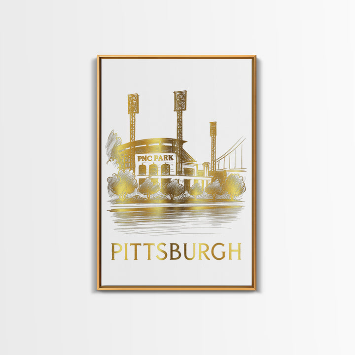 Pittsburg Travel Poster, Canvas Print, White And Gold Sketch Art, Pittsburg Wall Art, Retro Travel Print, Travel Wall Art, Vintage City Art