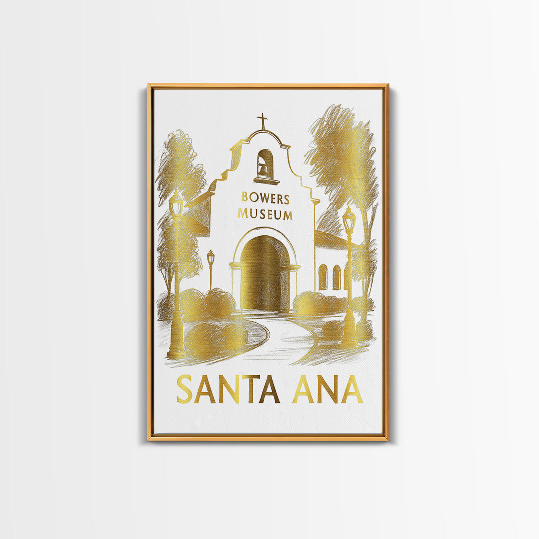 Santa Ana Travel Poster, Framed Canvas Print, White And Gold Sketch Art, Santa Ana Poster Print, Gift For Travelers, Vintage City Poster