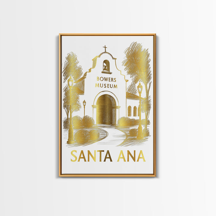 Santa Ana Travel Poster, Framed Canvas Print, White And Gold Sketch Art, Santa Ana Poster Print, Gift For Travelers, Vintage City Poster