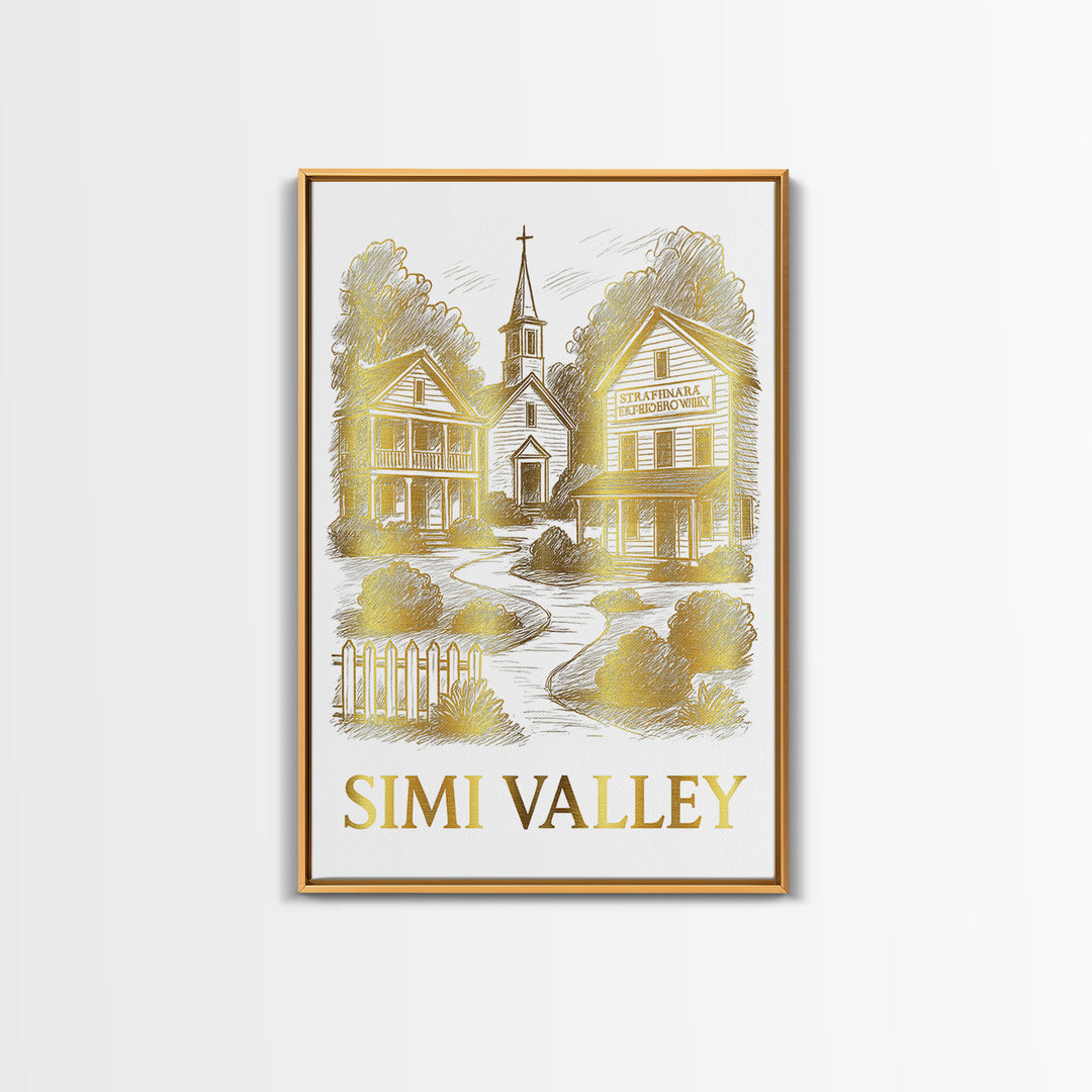 Simi Valley Travel Poster, Framed Canvas Print, White And Gold Sketch Art, Simi Valley Wall Art, Mid Century Wall Art, Retro Travel Print