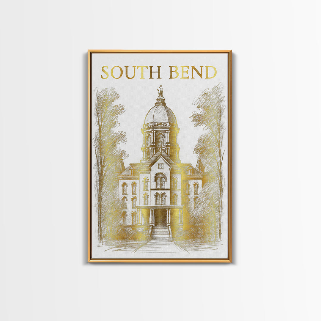 South Bend Indiana Travel Poster, Canvas Print, Gold Line Drawing Wall Art, South Bend City Art, Art Print, Watercolor Skyline, Design 1