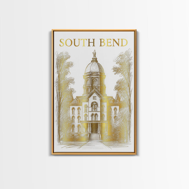 South Bend Indiana Travel Poster, Canvas Print, Gold Line Drawing Wall Art, South Bend City Art, Art Print, Watercolor Skyline, Design 1