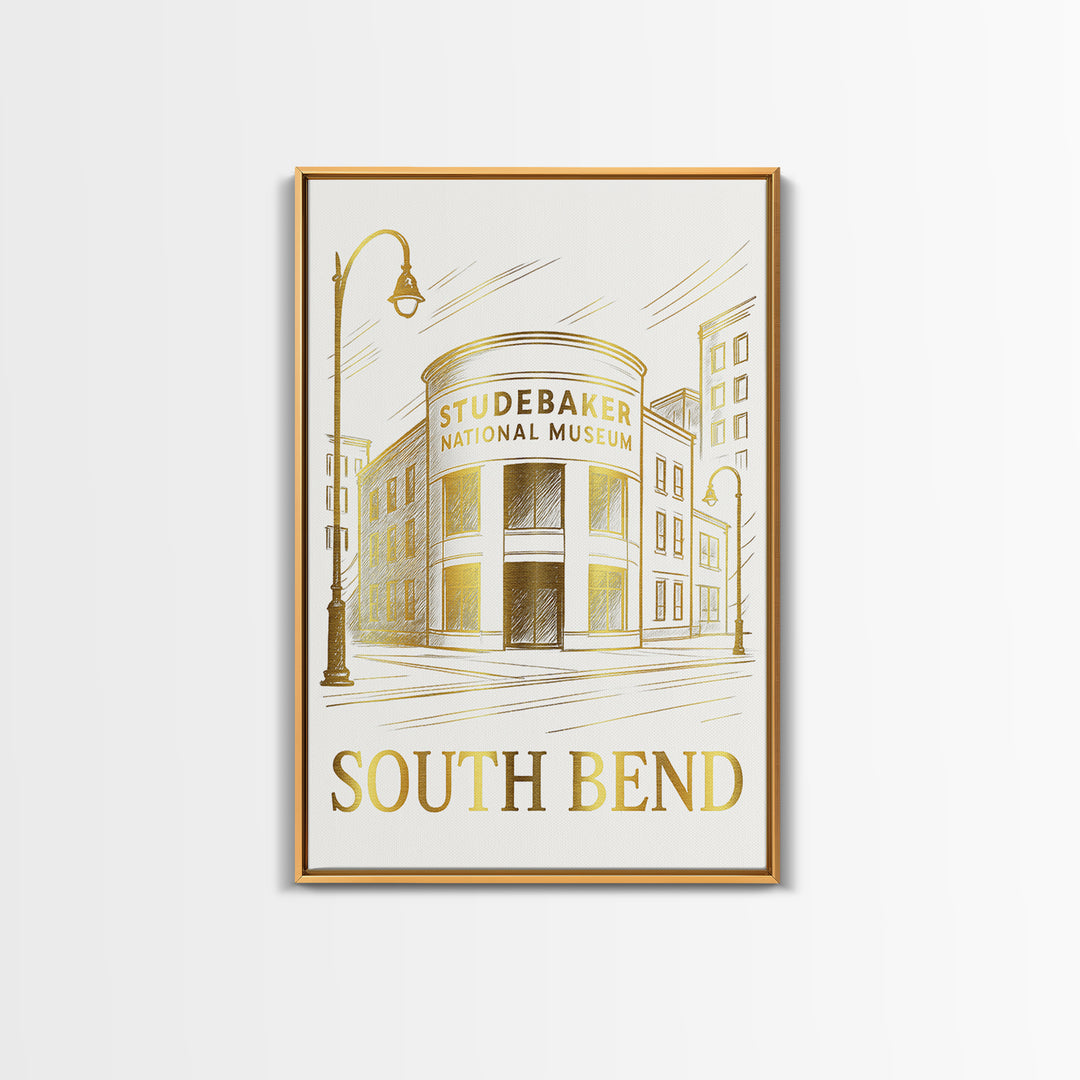South Bend Travel Poster, Canvas Print, White And Gold Sketch Art, South Bend Wall Art, Modern Wall Decor, Eclectic Wall Decor