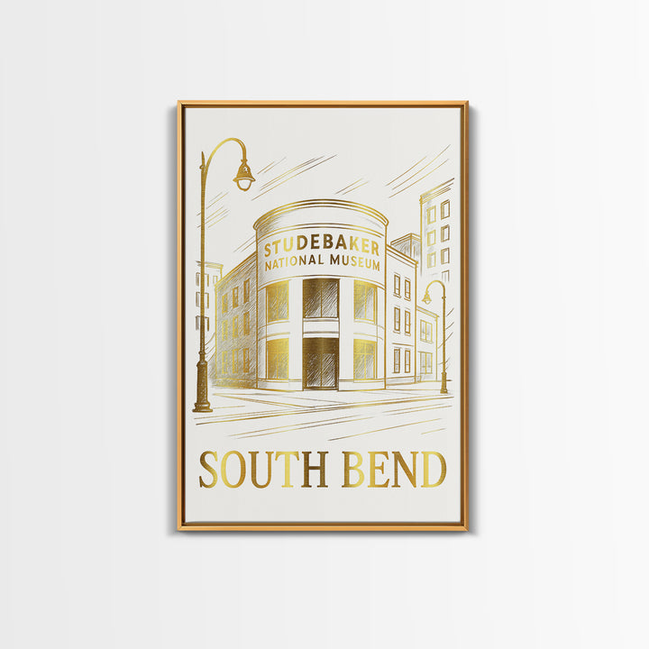 South Bend Travel Poster, Canvas Print, White And Gold Sketch Art, South Bend Wall Art, Modern Wall Decor, Eclectic Wall Decor