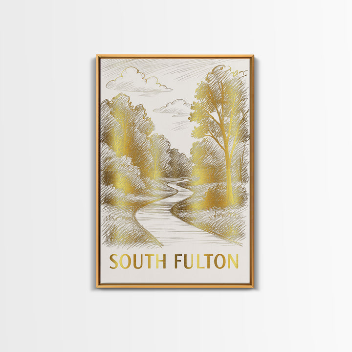 South Fulton Travel Poster, Canvas Print, Gold Line Drawing Wall Art, South Fulton Wall Art, Modern Wall Decor, Mid Century Wall Art