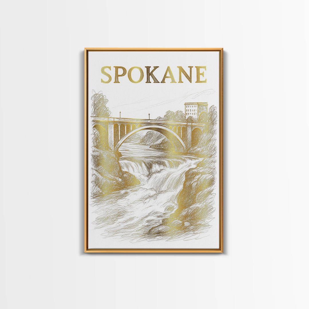 Spokane Washington Travel Poster, Canvas Print, Gold Line Drawing Wall Art, Spokane Travel Art, Retro Travel Print, Vintage Travel Art