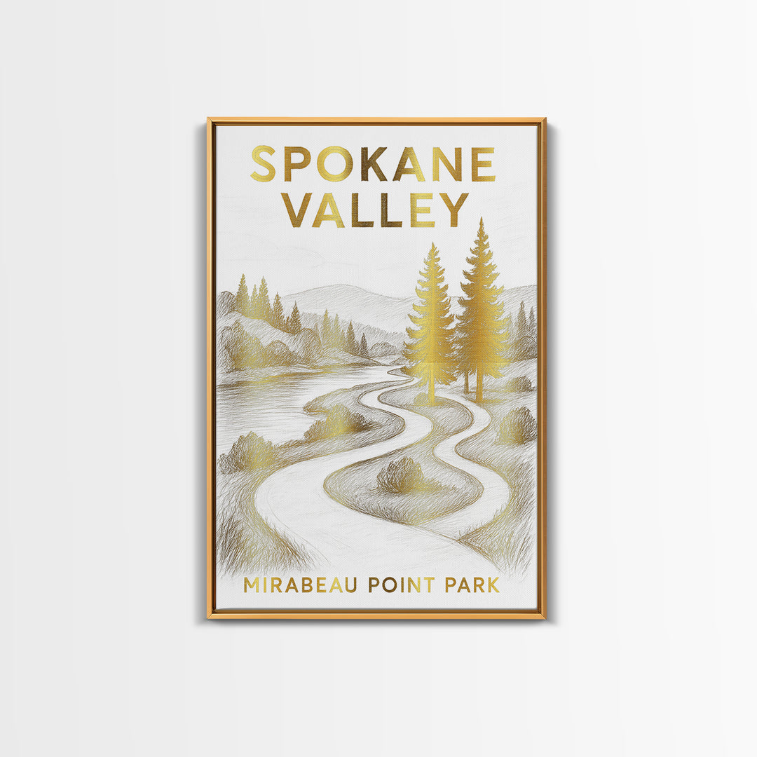 Spokane Valley Washington Travel Poster, Canvas Print, White And Gold Sketch Art, Spokane Valley Art Print, Watercolor Skyline, Wall Art