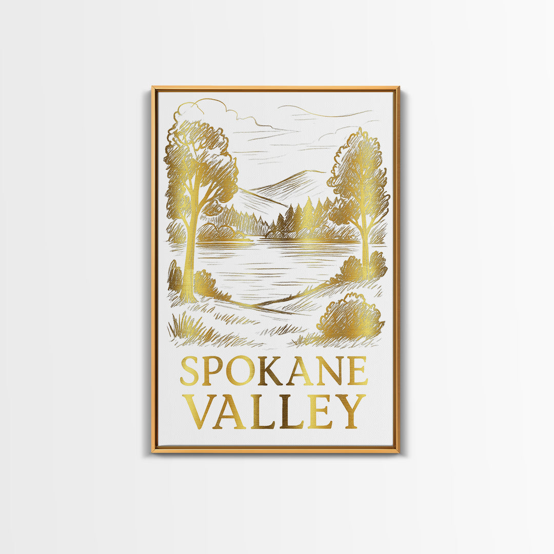 Spokane Valley Travel Poster, Framed Canvas Print, Gold Line Drawing Wall Art, Spokane Valley Travel Art, Travel Poster Set, Wall Art