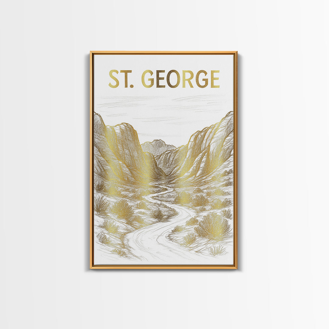 St George Utah Travel Poster, Canvas Print, White And Gold Sketch Art, St George Wall Art, Fine Art Print, Poster Art, Travel Poster Set