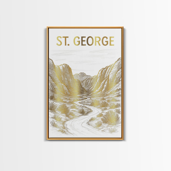 St George Utah Travel Poster, Canvas Print, White And Gold Sketch Art, St George Wall Art, Fine Art Print, Poster Art, Travel Poster Set