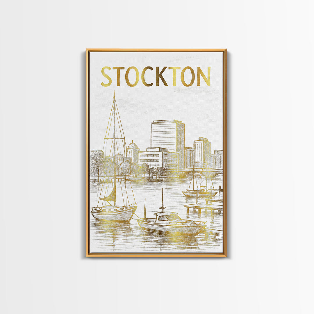 Stockton California Travel Poster, Canvas Print, White And Gold Sketch Art, Stockton Art Print, City Travel Prints, Wall Decor, Home Decor