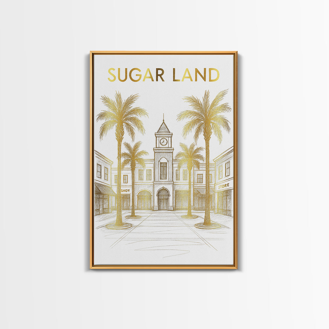 Sugar Land Travel Poster, Canvas Print, Elegant City Illustration, Sugar Land Wall Art, Watercolor Downtown Skyline, Travel Poster Art