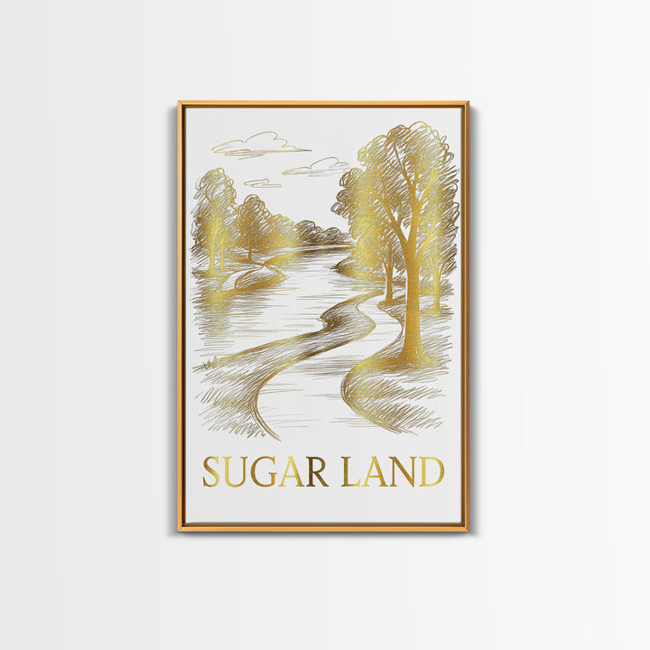 Sugarland Travel Poster, Framed Canvas Print, White And Gold Sketch Art, Sugarland City Art, Wanderlust Decor, City Travel Prints