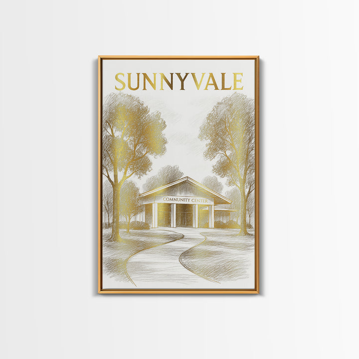 Sunnyvale California Travel Poster, Canvas Print, Gold Line Drawing Wall Art, Sunnyvale Wall Art, Travel Poster Art, Living Room Wall Art