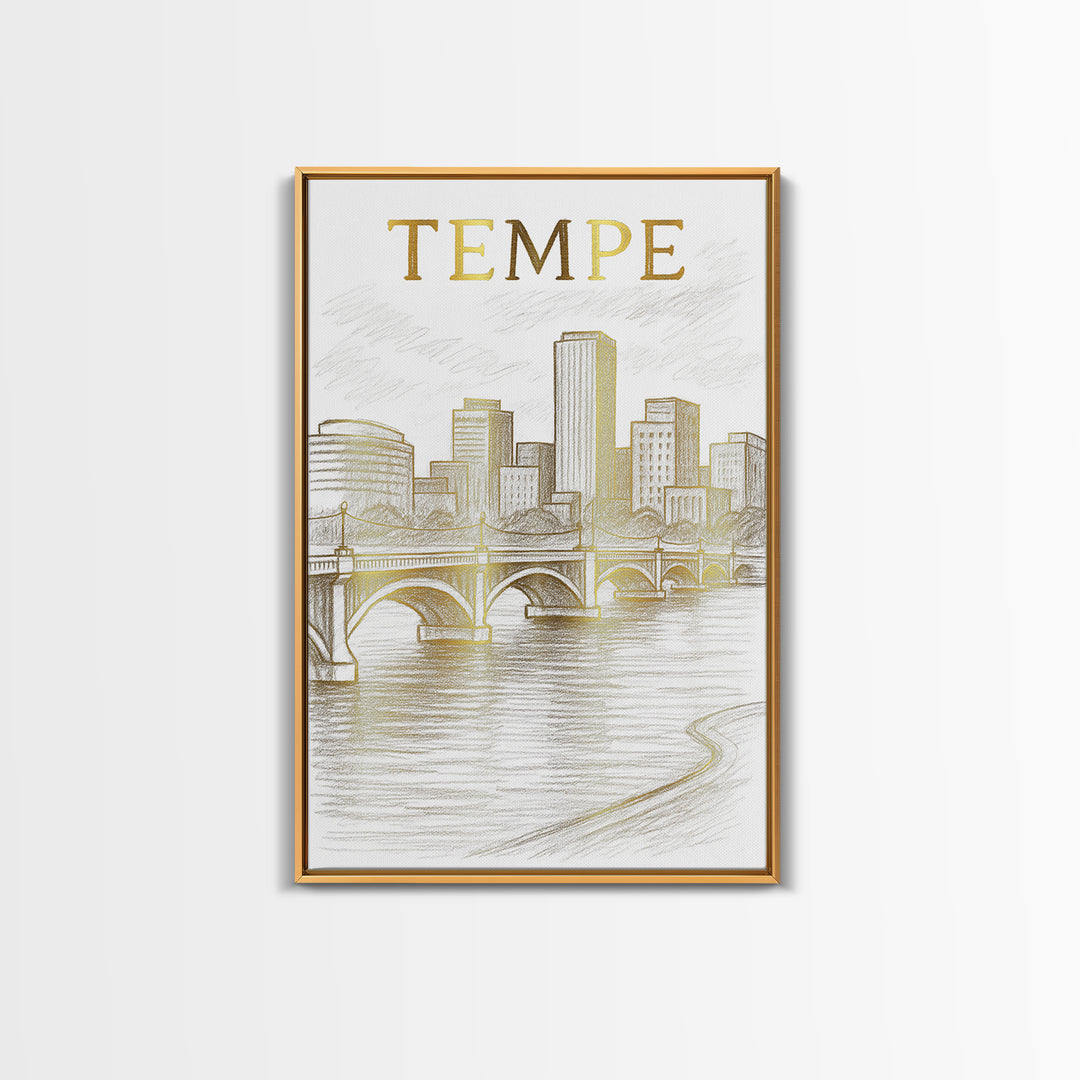 Tempe Arizona Travel Poster, Framed Canvas Print, White And Gold Sketch Art, Tempe City Art, Mid Century Wall Art, Eclectic Wall Decor