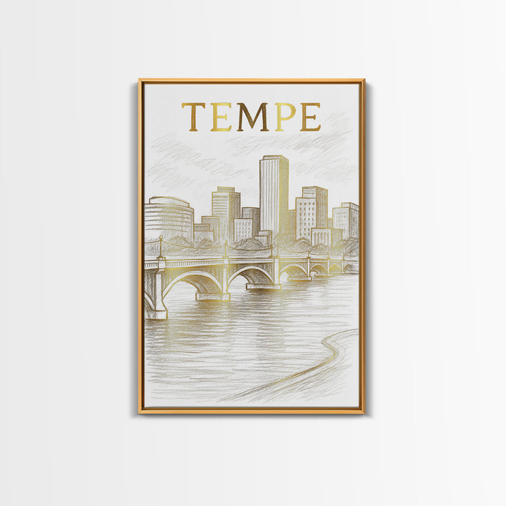 Tempe Arizona Travel Poster, Framed Canvas Print, White And Gold Sketch Art, Tempe City Art, Mid Century Wall Art, Eclectic Wall Decor