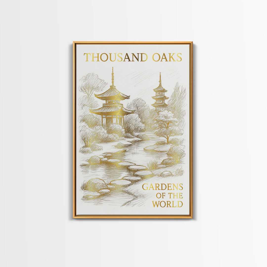Thousand Oaks California Travel Poster, Canvas Print, White And Gold Sketch Art, Thousand Oaks Travel Art, Travel Print, Poster Print