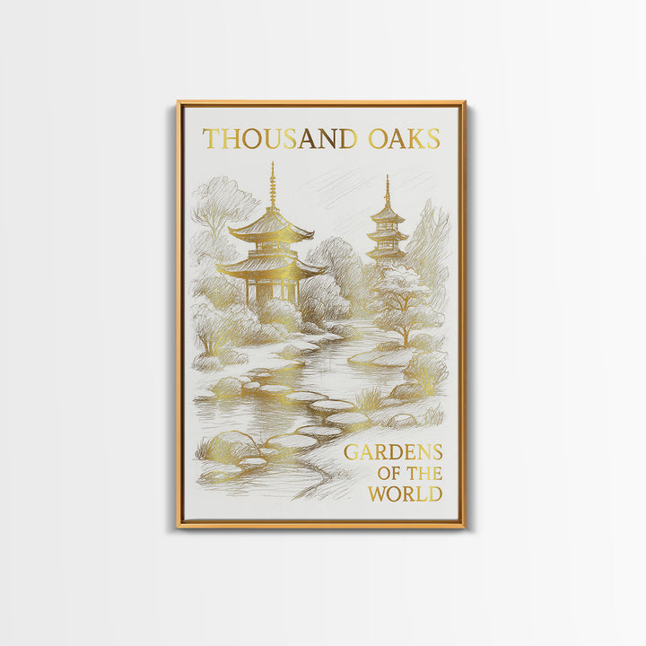 Thousand Oaks California Travel Poster, Canvas Print, White And Gold Sketch Art, Thousand Oaks Travel Art, Travel Print, Poster Print
