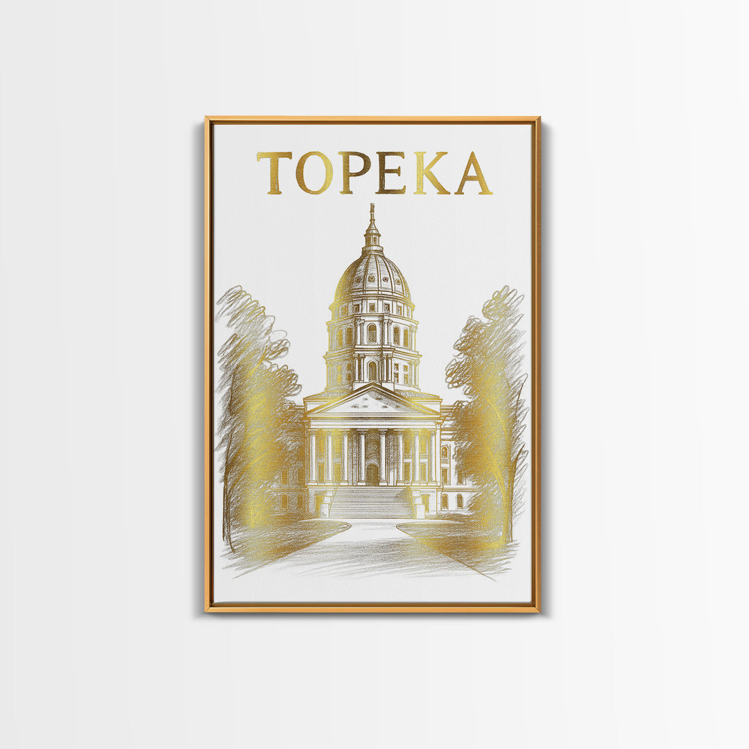 Topeka Kansas Travel Poster, Framed Canvas Print, Gold Line Drawing Wall Art, Topeka Poster Print, Gift For Travelers, Travel Poster Art