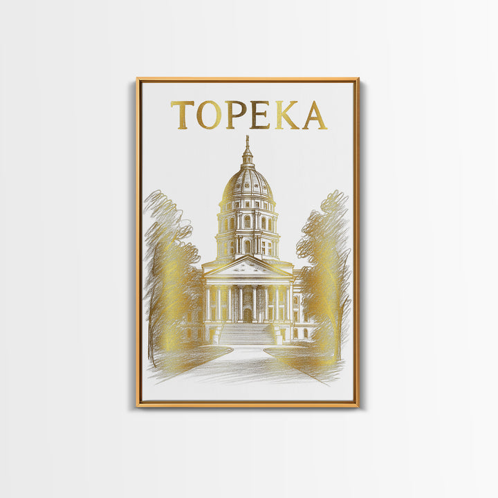 Topeka Kansas Travel Poster, Framed Canvas Print, Gold Line Drawing Wall Art, Topeka Poster Print, Gift For Travelers, Travel Poster Art