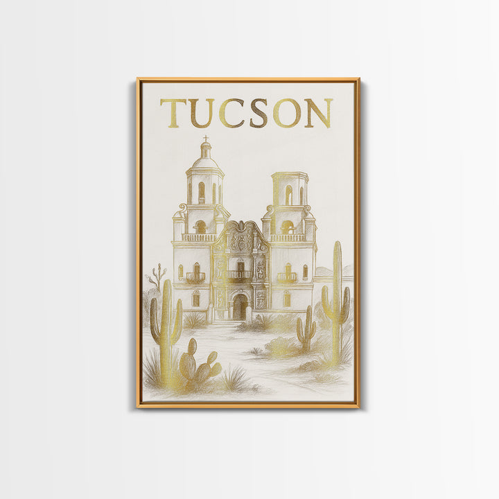Tucson Arizona Travel Poster, Canvas Print, White And Gold Sketch Art, Tucson Poster Print, Vintage City Art, Travel Art, Retro Travel Print