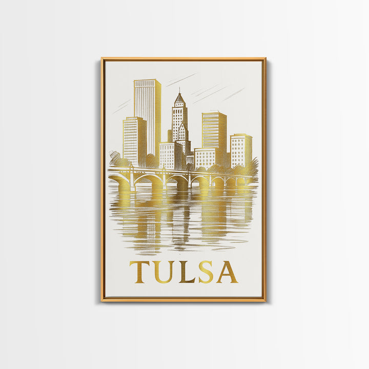 Tulsa Travel Poster, Canvas Print, Gold Line Drawing Wall Art, Tulsa City Art, Travel Wall Art, Travel Art Print, Vintage Travel Print