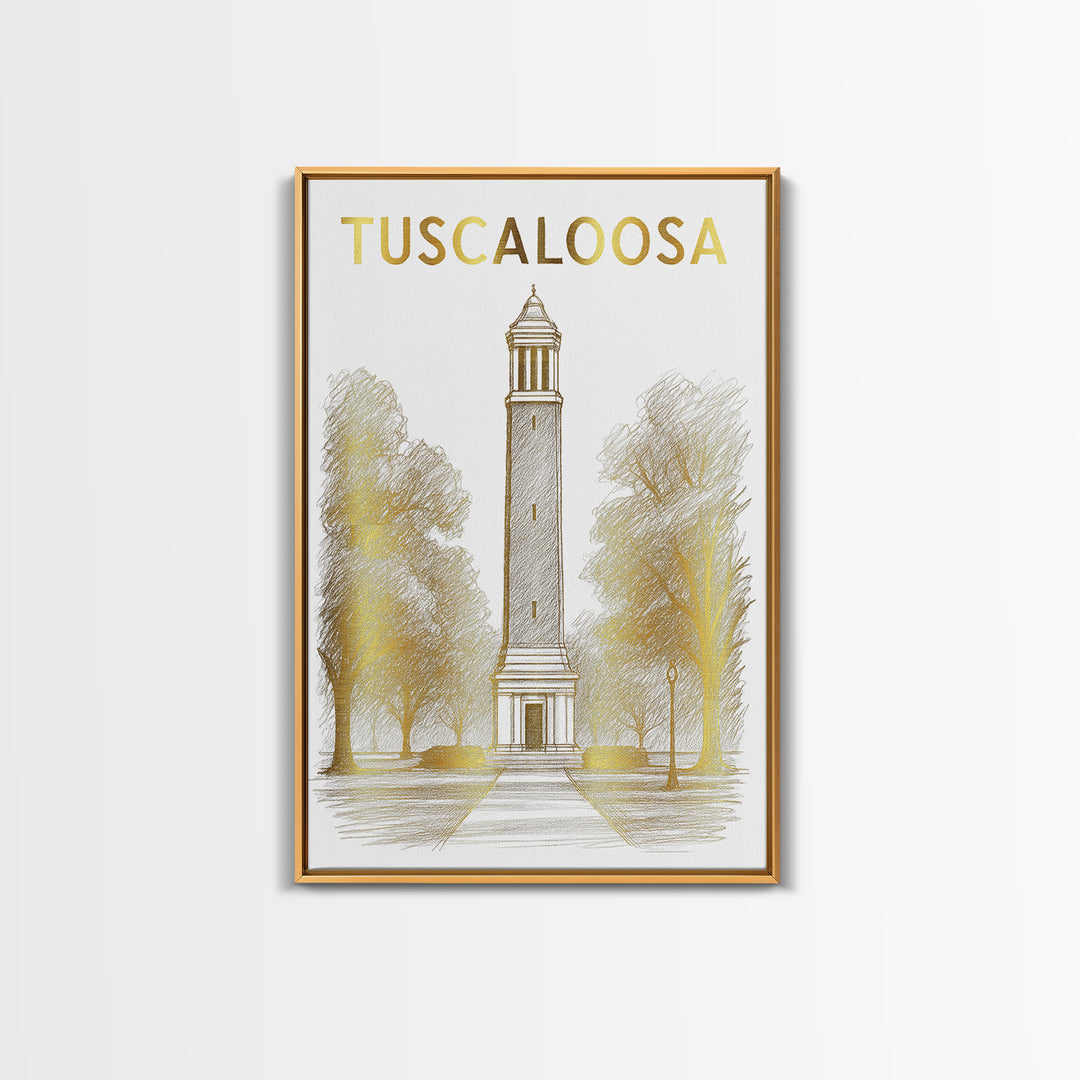 Tuscaloosa Alabama Travel Poster, Framed Canvas Print, White And Gold Sketch Art, Tuscaloosa City Art, Home Office Decor, Modern Wall Decor