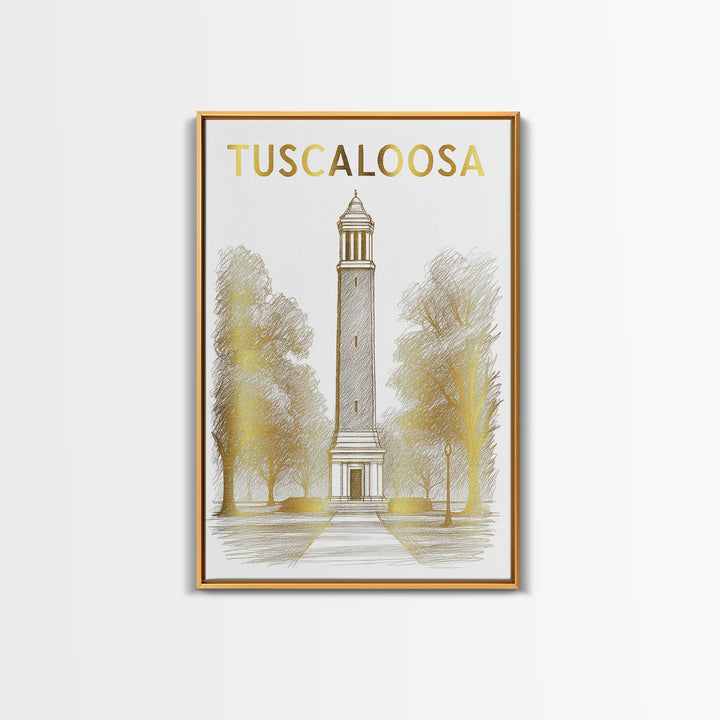 Tuscaloosa Alabama Travel Poster, Framed Canvas Print, White And Gold Sketch Art, Tuscaloosa City Art, Home Office Decor, Modern Wall Decor