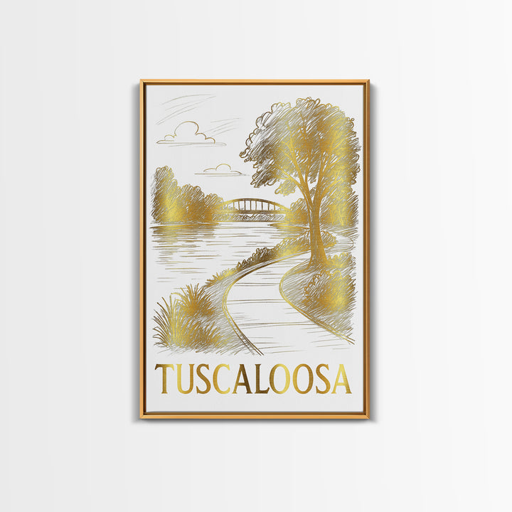 Tuscaloosa Travel Poster, Framed Canvas Print, White And Gold Sketch Art, Tuscaloosa Art Print, Travel Wall Decor, Eclectic Wall Decor