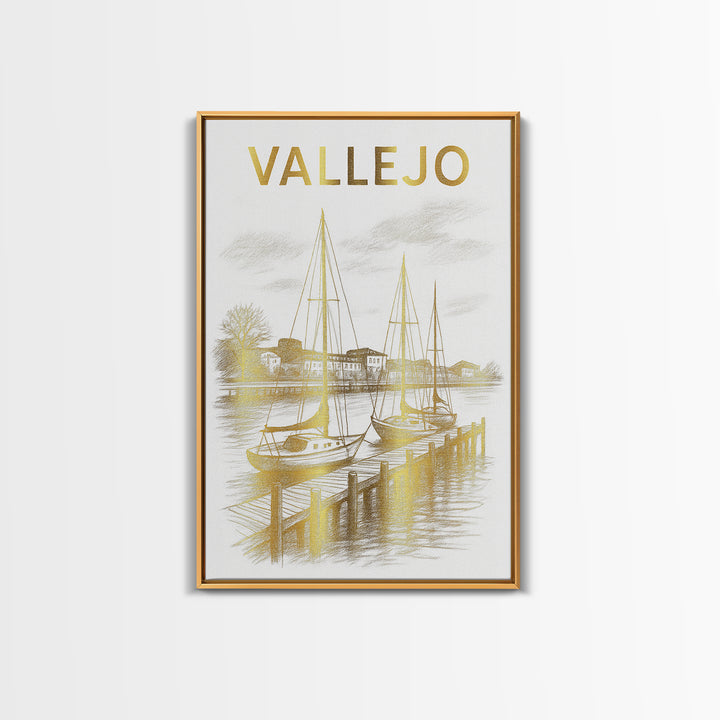 Vallejo California Travel Poster, Framed Canvas Print, White And Gold Sketch Art, Vallejo Poster Print, City Art Print, City Illustration