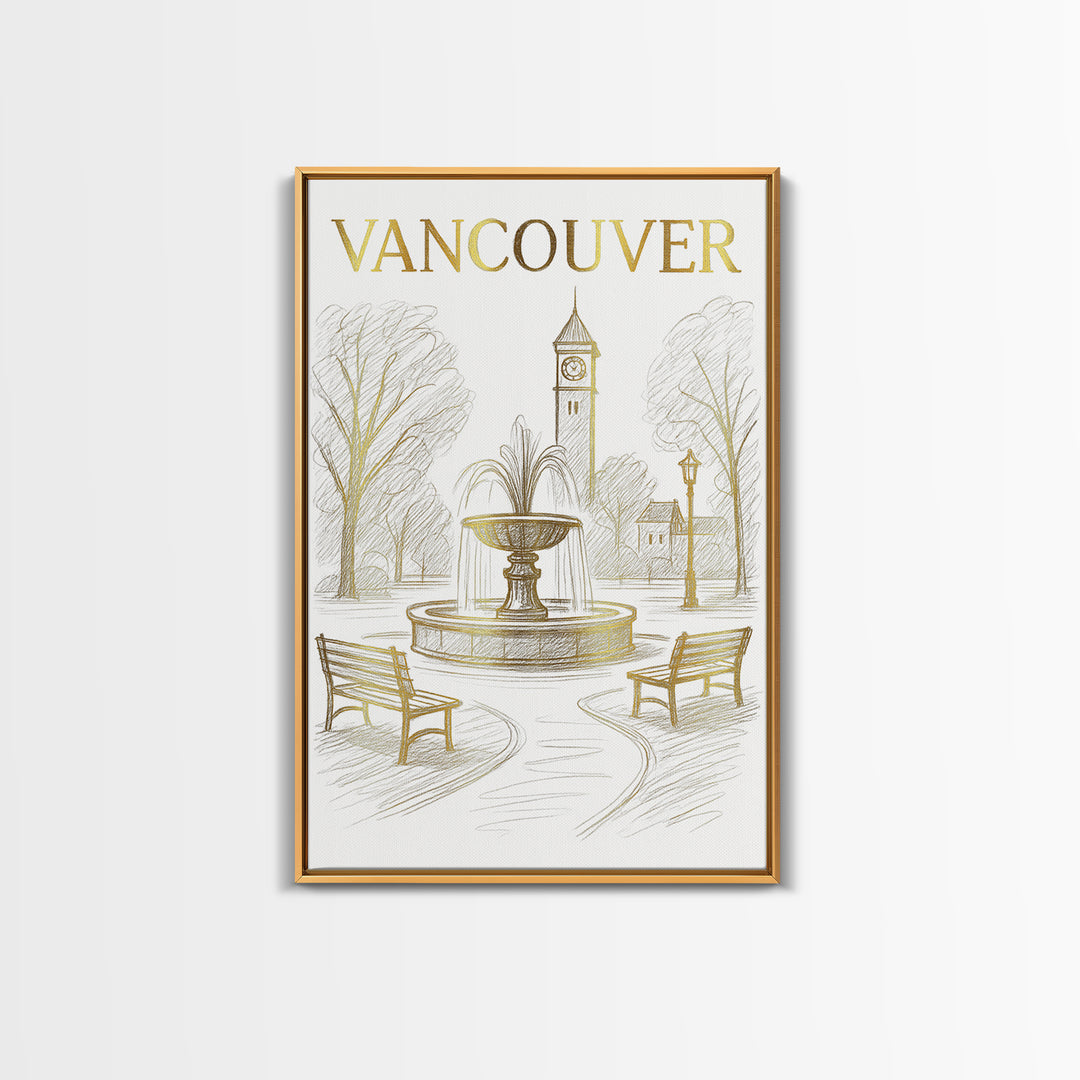 Vancouver Washington Travel Poster, Canvas Print, Gold Line Drawing Wall Art, Vancouver Travel Art, Home Office Decor, Living Room Wall Art