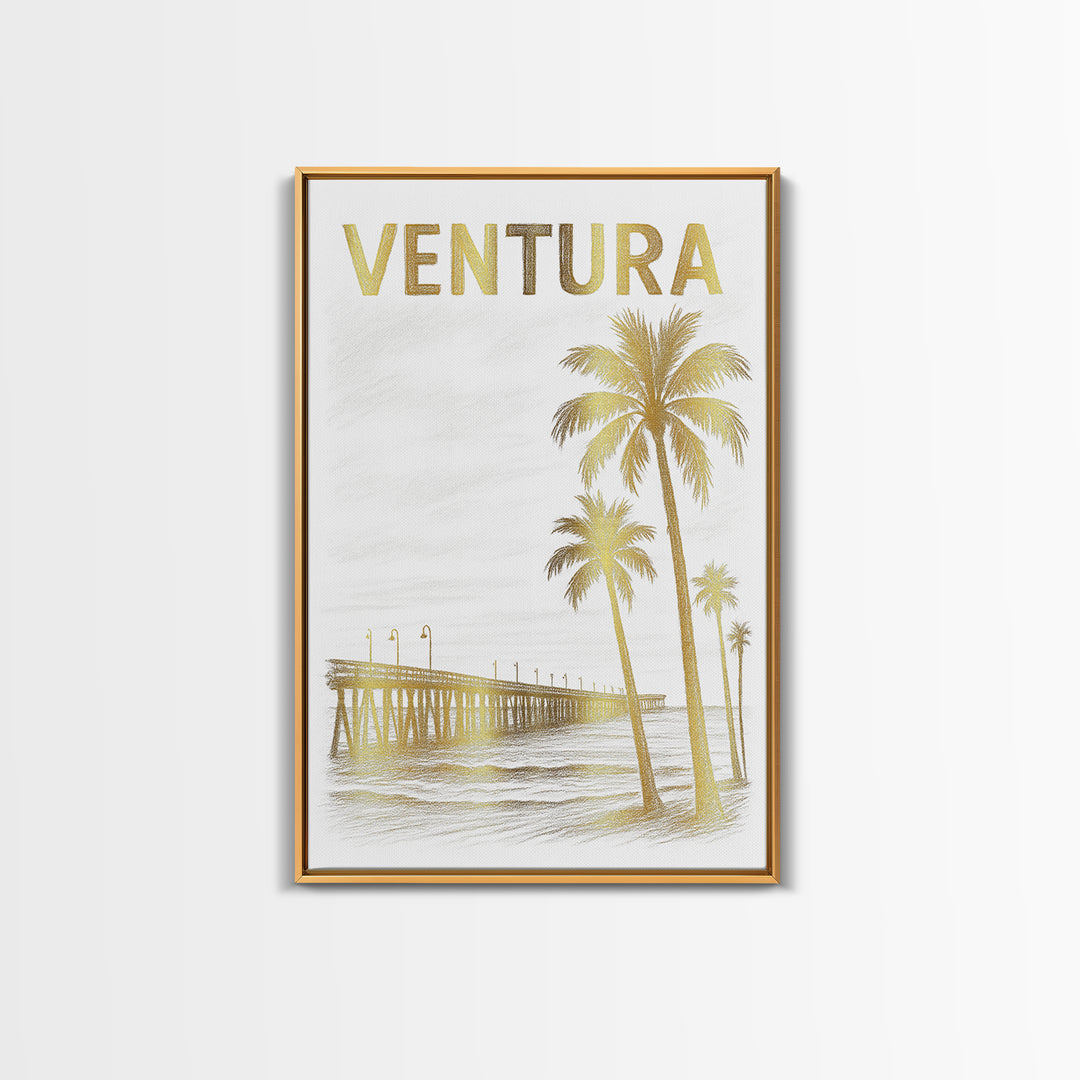 Ventura California Travel Poster, Framed Canvas Print, White And Gold Sketch Art, Ventura City Art, Watercolor Skyline, Travel Poster Art