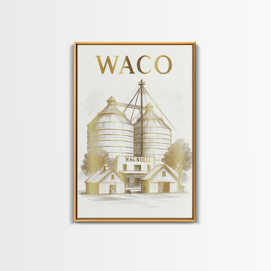 Waco Texas Travel Poster, Framed Canvas Print, White And Gold Sketch Art, Waco Poster Print, Vintage City Poster, City Travel Prints