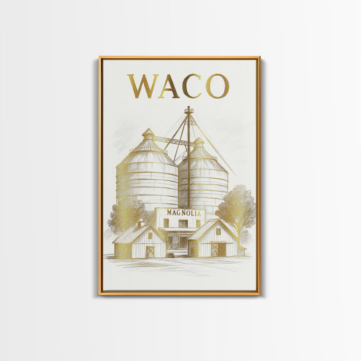 Waco Texas Travel Poster, Framed Canvas Print, White And Gold Sketch Art, Waco Poster Print, Vintage City Poster, City Travel Prints