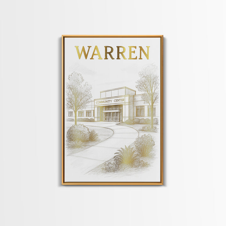 Warren Michigan Travel Poster, Canvas Print, White And Gold Sketch Art, Warren Travel Art, City Art Print, Eclectic Wall Decor, Poster Art