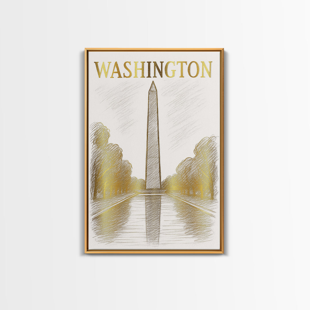 Washington DC Travel Poster, Canvas Print, White And Gold Sketch Art, Washington Poster Print, City Illustration, Modern Wall Decor