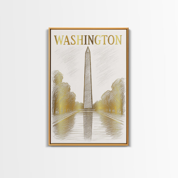 Washington DC Travel Poster, Canvas Print, White And Gold Sketch Art, Washington Poster Print, City Illustration, Modern Wall Decor