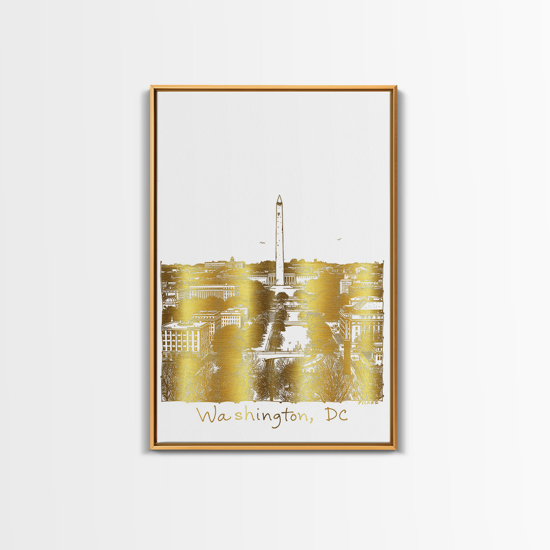 Washington DC Travel Poster, Framed Canvas Print, White And Gold Sketch Art, Washington DC City Art, Modern Wall Decor, Wanderlust Decor