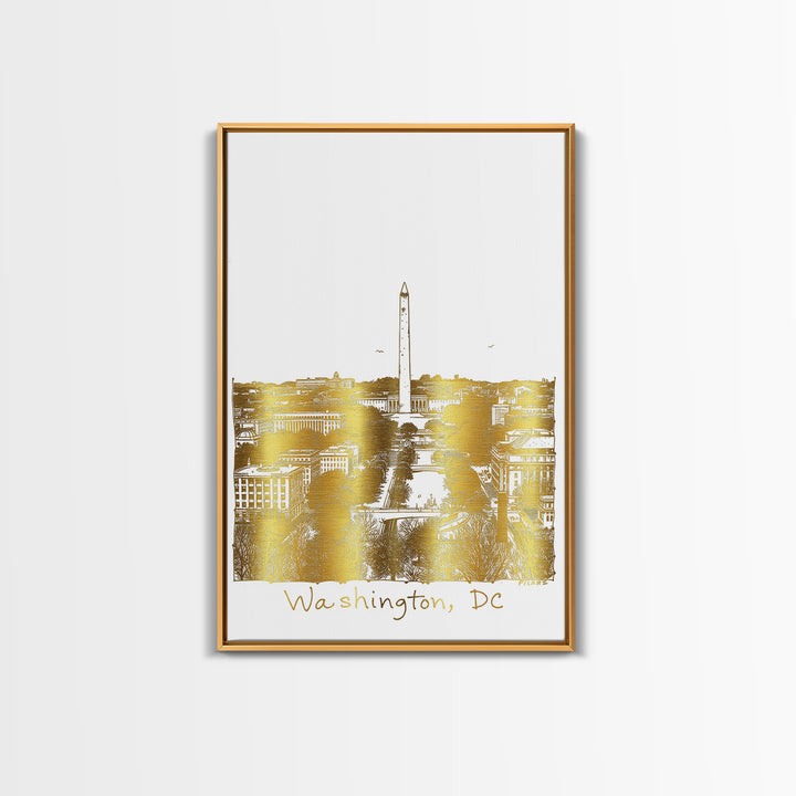Washington DC Travel Poster, Framed Canvas Print, White And Gold Sketch Art, Washington DC City Art, Modern Wall Decor, Wanderlust Decor