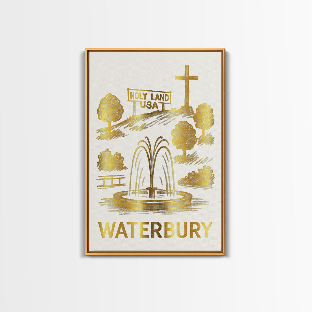 Waterbury Travel Poster, Canvas Print, White And Gold Sketch Art, Waterbury City Art, Travel Wall Decor, City Travel Prints, Travel Print