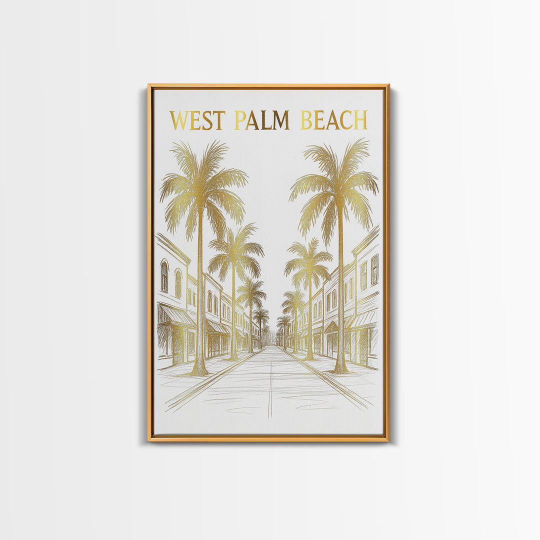 West Palm Beach Florida Travel Poster, Canvas Print, Gold Line Drawing Wall Art, West Palm Beach Art Print, Office Decor, City Poster