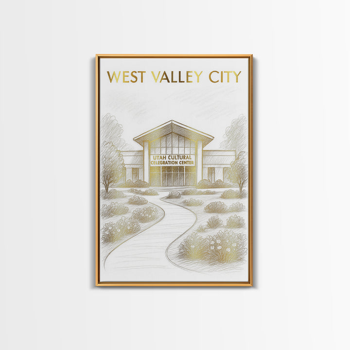 West Valley City Travel Poster, Canvas Print, Gold Line Drawing Wall Art, West Valley City Wall Art, Watercolor Urban Skyline, Travel Print